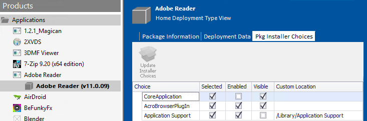 New PKG Installer Choices Tab of Home Deployment Type View for Mac PKG Installer